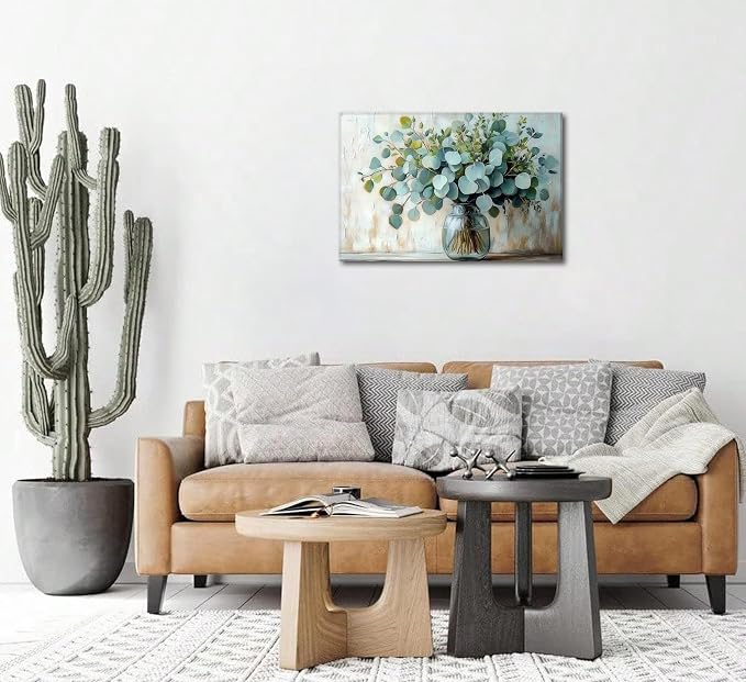 Eucalyptus Flower Vase Canvas Wall Art Sage Green Canvas With Plants Wall Decor Farmhouse Vintage Green Plants Poster Print Artwork for Bathroom Living room Bedroom Home Decoration