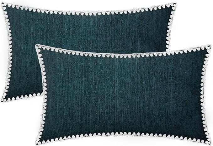 BRAWARM Chenille Throw Pillow Covers 12x20 Inches, Deep Lagoon, 2 Pack | Decorative Lumbar Pillow Covers with Shell Edge, Soft Cushion Cases for Sofa Bed Living Room Home Farmhouse (No Insert)