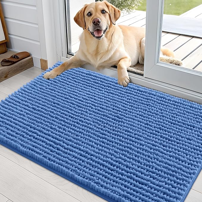 OLANLY Dog Door Mat for Muddy Paws 36x24, Extra Absorbent Chenille Mud Mat | Cornflower Blue, Absorbs Moisture and Dirt, Non-Slip Machine Washable Doormat, Quick-Dry Indoor Entryway Floor Mat for Dogs