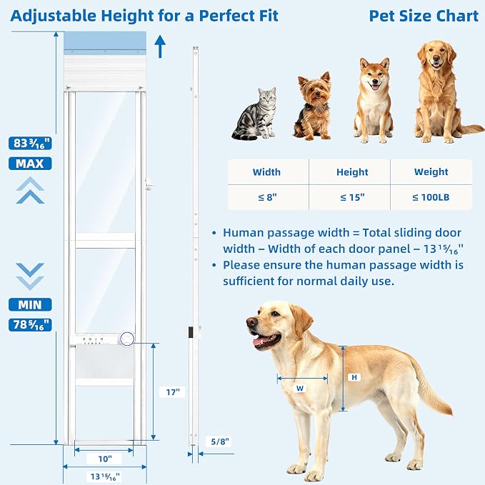 Automatic Doggy Door for Sliding Glass Doors,Doorbell Activation,No Collar | 4 Mode,Electric Sliding Door Dog Doors Insert,Aluminum Frame Patio Door Dog Door,Weatherproof,Anti-Pinch(78 5/16"-83 3/16" H)
