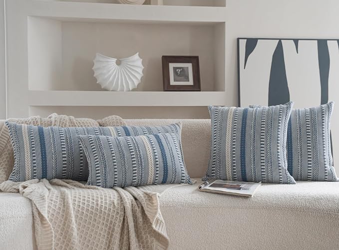 Cethom Boho Lumbar Pillow Covers 14x36 Long, Farmhouse Decorative Couch Pillow Cases, Blue Accent Pillows of Bed, Sofa Bedroom Living Room Home Decor Cushion Cover, Pack of 1