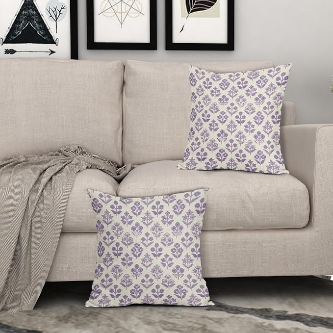 Purple Floral Pillow Covers 22x22 Inch Set of 2, Vintage Flower Block Decorative Throw Pillowcases Outdoor Farmhouse Cushion Covers Spring Summer Rustic Decoration Sofa Couch Bed Decor