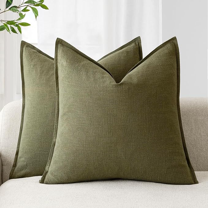 Foindtower Pack of 2, Decorative Linen Solid Throw Pillow Covers Soft Accent Cushion Case Boho Farmhouse Pillowcase for Chair Couch Sofa Bedroom Living Room Home Decor 16 x 16 Inch Olive Green