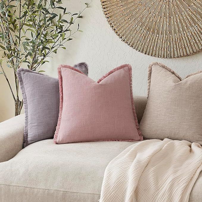 Foindtower Set of 2 Decorative Linen Fringe Throw Pillow Covers Cozy Boho Farmhouse Cushion Cover with Tassels Soft Accent Pillowcase for Couch Sofa Bed Living Room Home Decor,26×26 Inch,Rose Pink