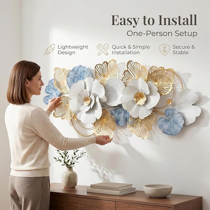 Axioglo 59" Large Wall Decor,3D Floral Metal Wall Art for Living Room | 59" x 27" metal wall decor with layered metal texture, mounting hardware, two-way display