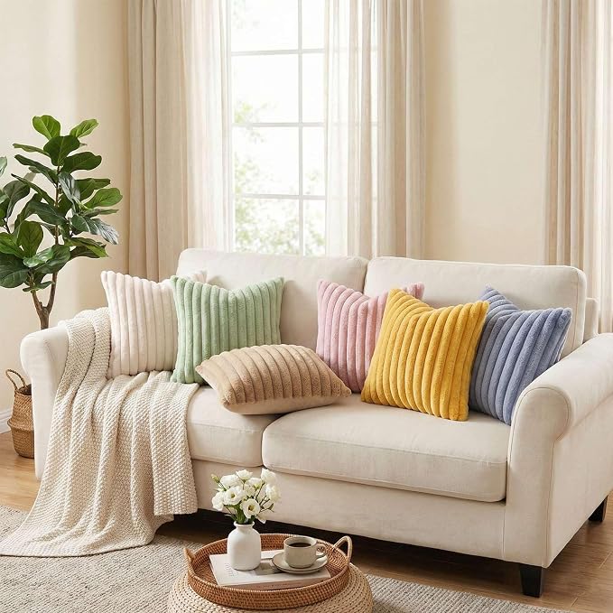 Pallene Faux Fur Decorative Throw Pillow Covers 16x16 Set of 2, Blush Pink | Luxury Plush Texture, Striped Design, Cozy Soft Touch, Modern Home Accent Decor for Couch, Sofa, Bed, Living Room