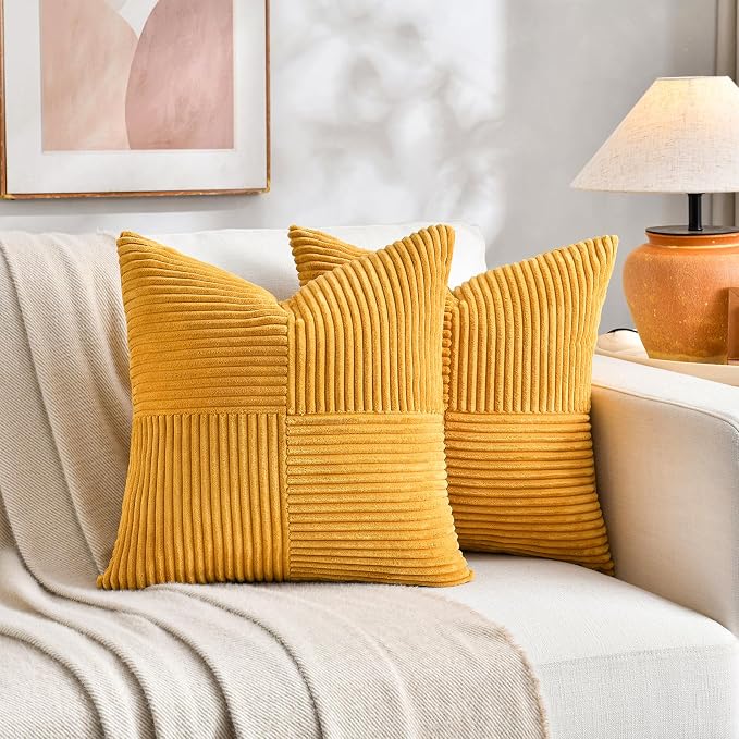 Fancy Homi Gold Yellow Decorative Throw Pillow Covers 24x24 Inch for Living Room Couch Bed, Boho Farmhouse Fall Home Decor, Soft Corss Corduroy Patchwork Textured Cushion Case 60x60 cm