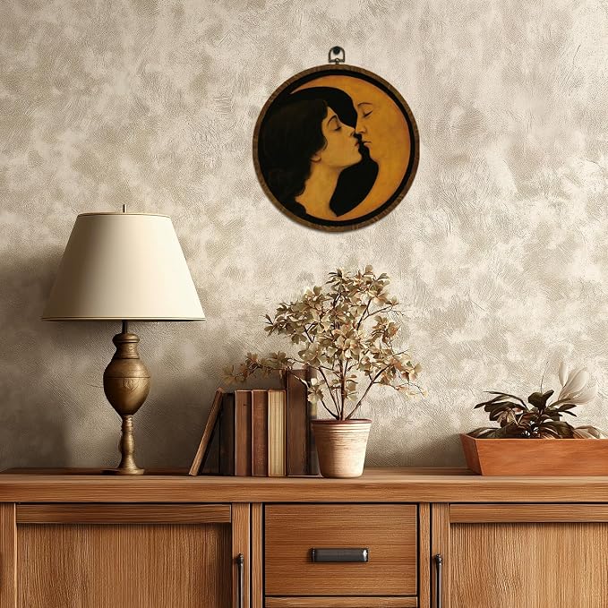 KLYTINK Romantic Moon and Young Girl Round Wall Art,Vintage-Inspired Celestial Canvas Print, Surreal Moon and Woman Hanging Decor for Bedroom, Gallery Wall, or Dreamy Space 10''x10''