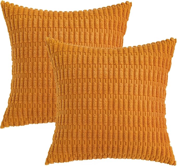 MIULEE Fall Decorative Throw Pillow Covers 18x18 Burnt Orange Pack of 2 | Soft Corduroy Boho Striped Pillow Covers Modern Farmhouse Autumn Home Decor For Sofa Living Room Couch Bed