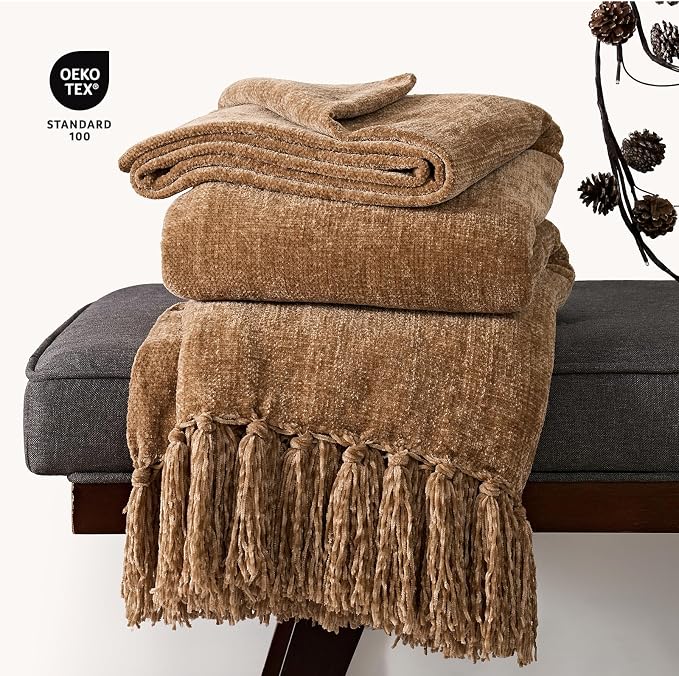Chenille Knit Throw Blanket for Couch, 60"x80", Warm Beige | Cozy Plush Fuzzy Knittd Throw with Tassels, Lightweight, Decorative, Farmhouse Decor, Ideal for Bed Sofa Gift, All Seasons