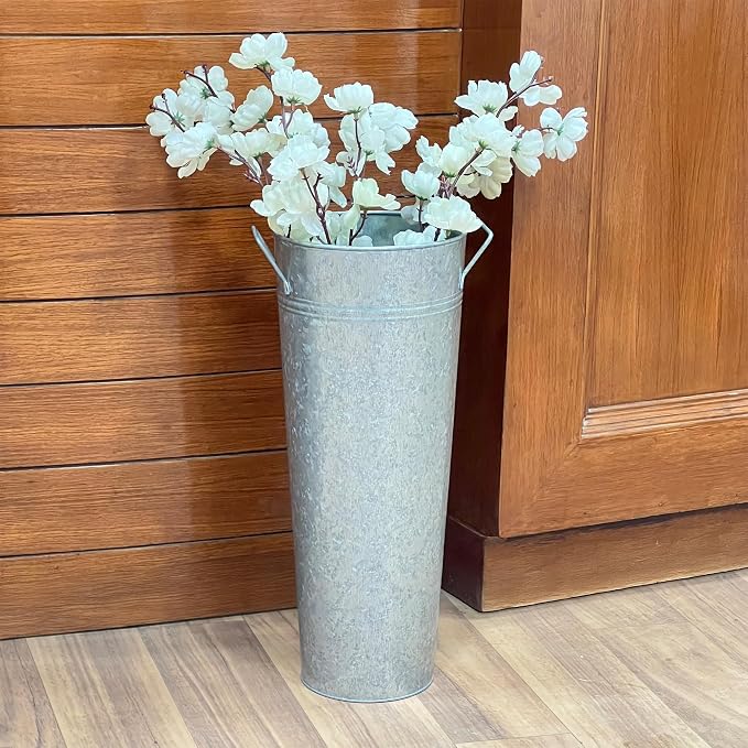 Hosley Set of 2 Galvanized French Bucket with Handles & PVC Liner, 6" Dia x 15" H for Weddings, Parties, Country Picnics, Floral Arrangements, Tableware Storage, or Gardens - Rustic Farmhouse Décor