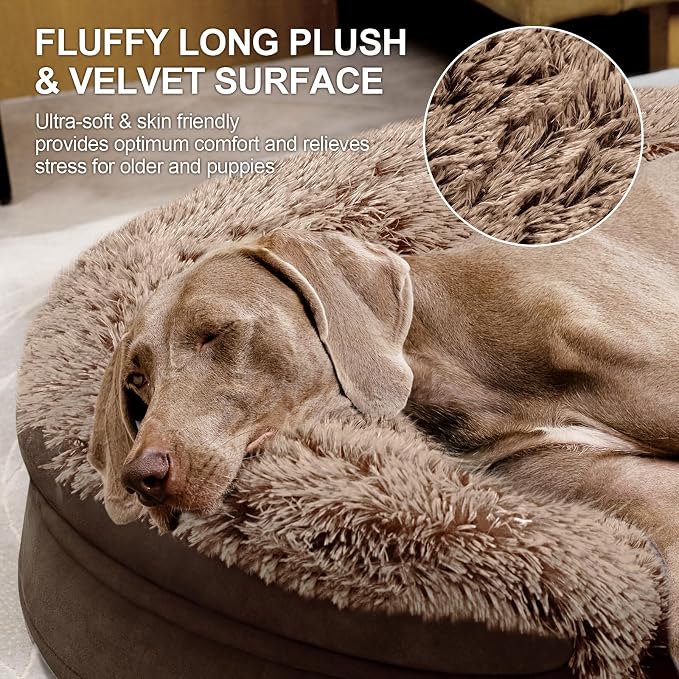 iweepet Fluffy Orthopedic Dog Beds for Large & Extra Large Dogs, 44" Dog Sofa Bed with Supportive 28D Egg-Crate Foam, Removable Washable Cover, Waterproof Lining, for Puppy,Senior,Sick,Brown