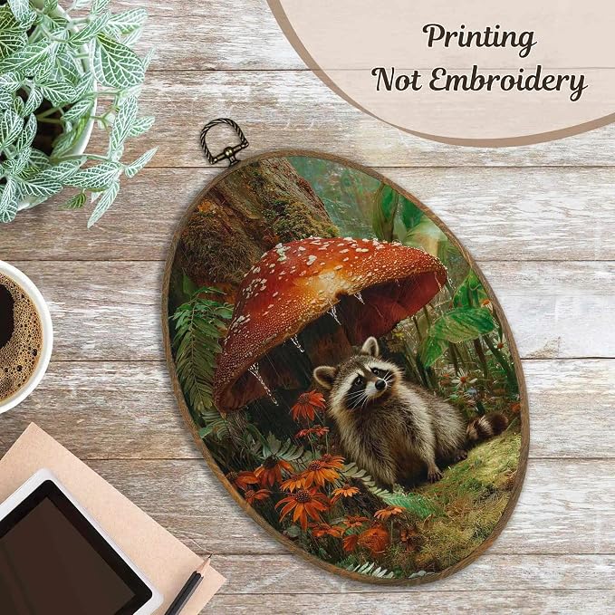 LKETW Dark Cottagecore Raccoon Mushroom Oval Wall Art Decor, Moody Cottage Oval Canvas Hanging Decor, Whimsical Botanical Raccoon Mushroom Wall Decorations for Home Bedroom Living Room, 8.6x11.4 Inch
