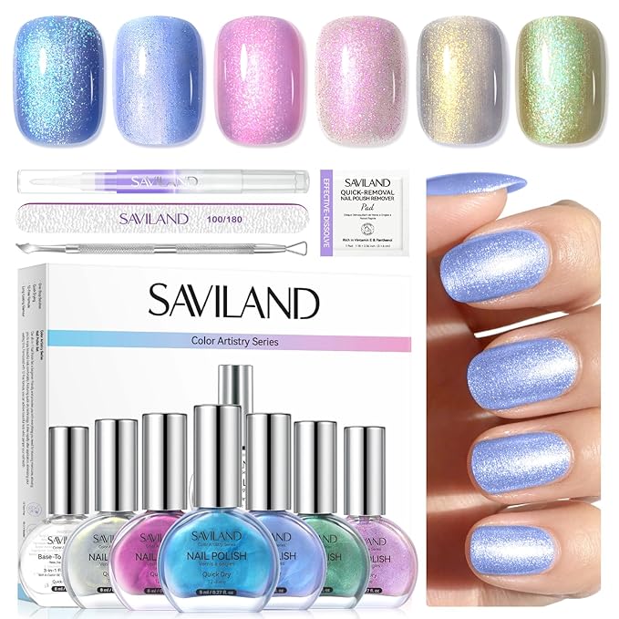 SAVILAND Quick-Dry Aurora Nail Polish Kit: 6+1 Colors Nail Polish Set with 3-in-1 Base Top Coat Cuticle Oil Pearl Glitter Pink Blue Green 12-Free Fingernail Polish Home DIY for Women Gift