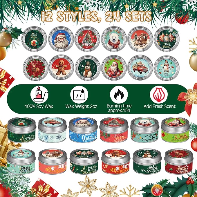 MTLEE 36 Sets Christmas Candles Bulk Holiday Small Scented Candles Party Favors with Organza Bag and Cards Bulk Candle Gifts for Home Supplies Holiday Travel(Retro)