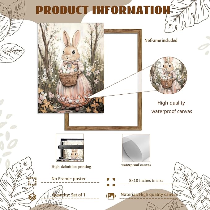 Easter Bunny Canvas Wall Art, Rabbit & Egg Basket Poster Prints, Farmhouse Style Holiday Wall Decor, Vintage Rustic Home Artwork for Kids Room Bedroom Living Room 12x16 inch Unframed
