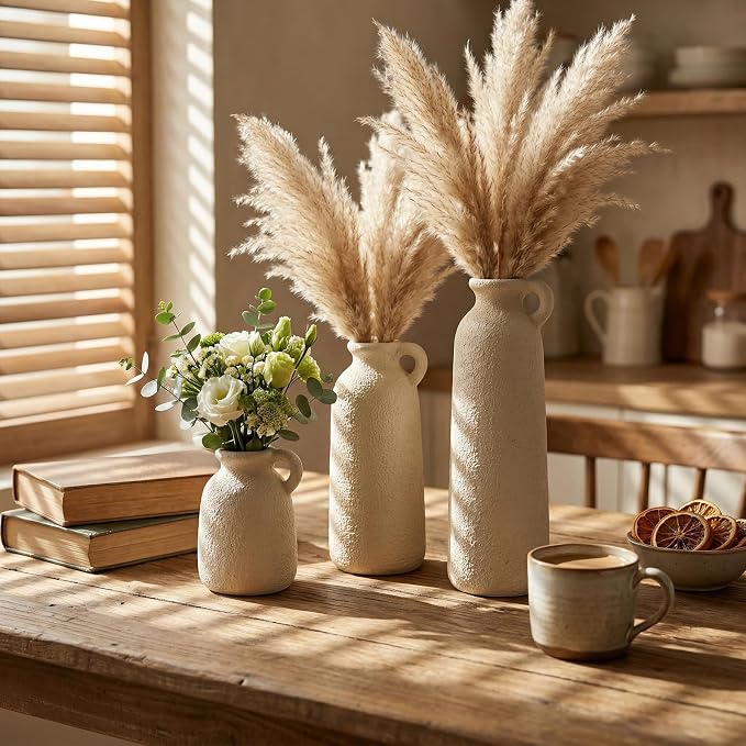 White Ceramic Vase Set of 3, Modern Rustic Flower Vases, Matte White Bohemian Decor, Farmhouse Home Decor for Living Room Kitchen Table Centerpieces Bedroom Shelf