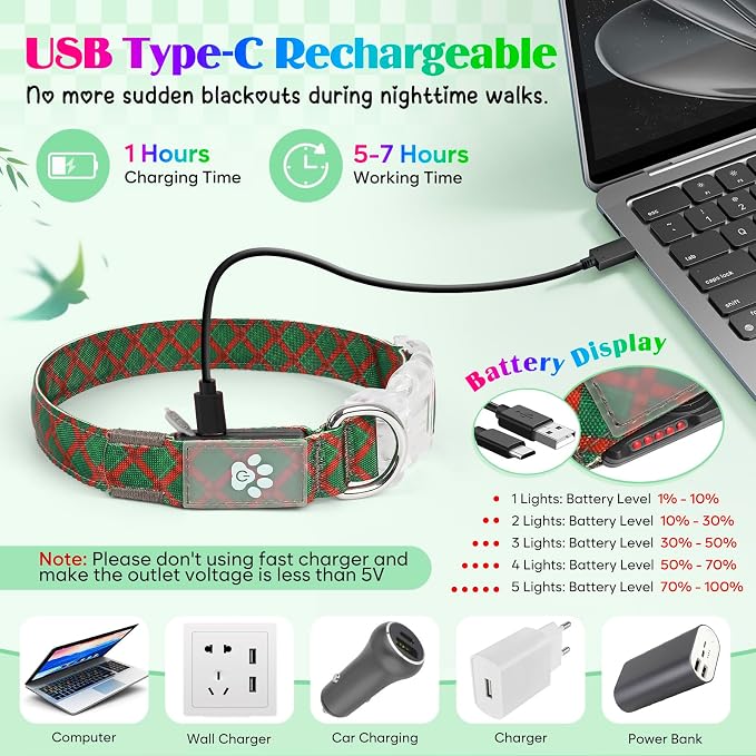 Light up Dog Collar Rechargable - Multicolor LED Dog Collar, 7 Colors Safety Dog Lights with Battery Indicator, Waterproof and Adjustable Argyle Print Glow Collar for Dogs (Festive Plaid, L)