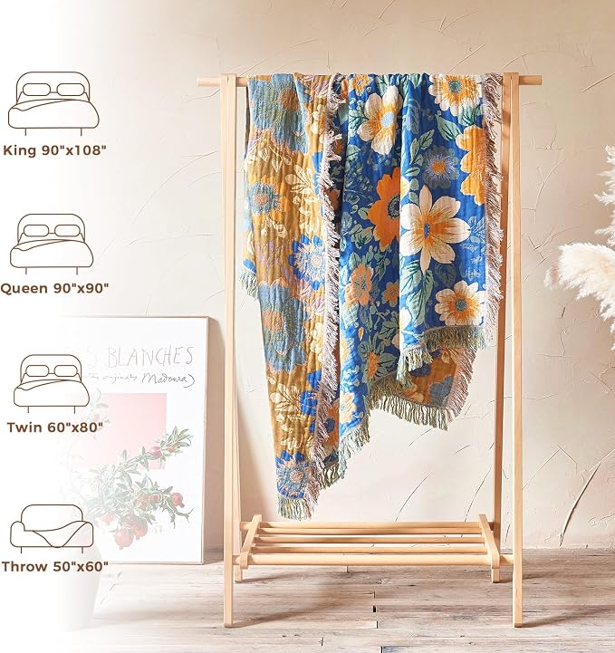 LUTBM Boho Throw Blanket for Bed 60"x80", All Season Cotton Couch Blankets | Blue Reversible Florals Jacquard, All-Season Twin Lightweight Breathable Quilt, For Chair Sofa Bedroom Living Room Decor