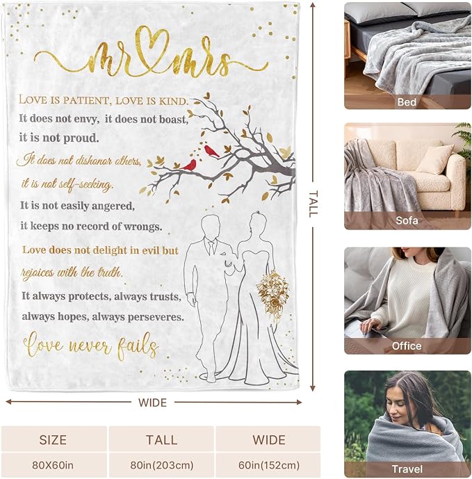 Wedding Gifts for Couples, Bridal Shower Gifts for Bride to Be Soft Blanket | Anniversary Mr and Mrs Gifts, Wedding Gifts for Newlyweds Wedding Throw Blanket 60*80 Inch (White Gold)
