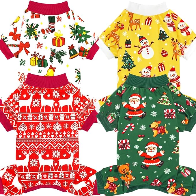 XPUDAC 4 Pack Christmas Dog Pajamas Santa Pet Clothes for Small Dogs, L | Stretchy, Soft, Breathable, Sleepwear, Gentle on Skin, Warm, Dog Christmas Outfit, Shedding Suit, All Seasons, Holiday