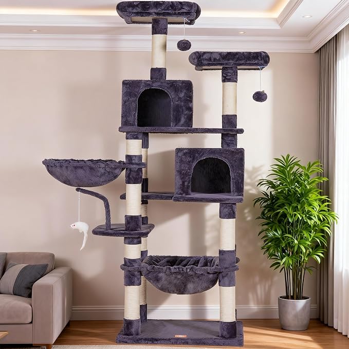 Heybly Cat Tree, 70 inches Tall Cat Tower for Indoor Large Cats HCT032G | Big Cat Condo with Toy , Cat House Furniture with Padded Plush Perch, Cozy Hammock and Sisal Scratching Posts, Smoky Gray