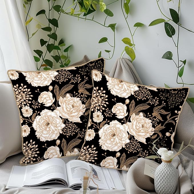 KSLIDS Vintage Peony Roses Floral Soft Velvet Throw Pillow Covers Set of 2 White Roses Flower Bloom Leaves Decorative Pillow Covers 18x18 Inch Black Gold Cream Pillow Case for Sofa Couch Home Decor