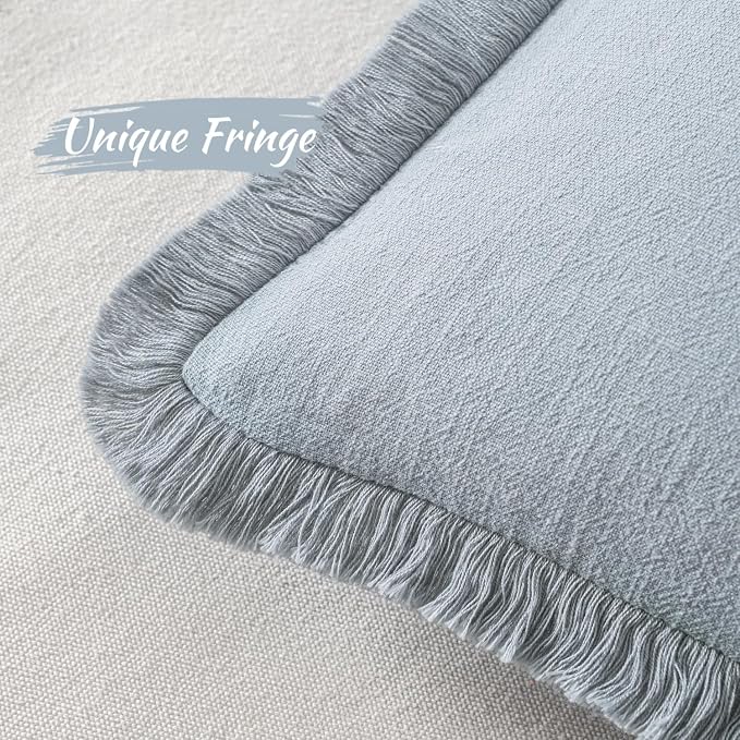 MIULEE Boho Linen Fringe Decorative Throw Pillow Covers Sky Blue 18x18 | Set of 2, Cottagecore Decor, Boho Farmhouse Coastal Pillow Covers, Rustic Couch Cushion Cases for Sofa Bed Living Room