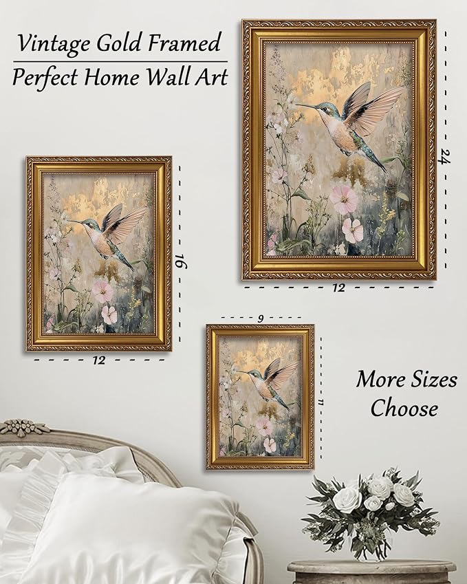 Vintage Gold Framed Wall Art Hummingbird Canvas Prints 16x24in | Living Room, Home Decor, Floral Gold Foil Style Painting, Bedroom Wall Decor, Gifts for Friends or Family