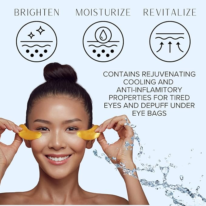 Under Eye Masks - Hydrating Eye Patches for Puffy Eyes & Wrinkles - Anti-Aging, Brightening, Vegan & Clean Beauty - Reduce Undereye Bags & Dark Circles for Women & Men - 20 Pairs (Gold)