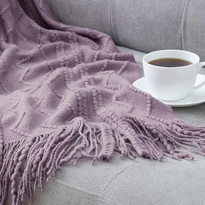 BOURINA Light Lavender Throw Blanket 50x60Inch Knit Soft Throw Sofa Blanket | Knitted Throw Blanket 50x60 Inches, Soft Lightweight Boho Weave Throw Decorative Couch Blanket for Living Room Bedroom Chair