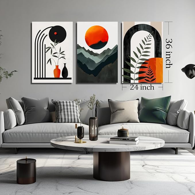 DNIEOTU Boho Canvas Wall Art for Living Room, Bohemian Wall-Decor for Bedroom, Minimalist Geometric Shapes Picture Prints, Size 24 x 36 Inches 3-Pieces