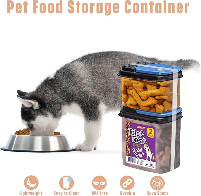 Buddeez Trip and Treat - Pet Food Storage with Flip Lid - Stackable BPA Free Treat Containers - Travel Food Dispenser for Pets - 1QT and 0.6QT