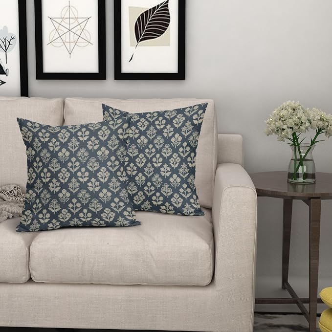 Dusty Blue Floral Block Print Pillow Covers 16x16 Inch Set of 2, Vintage Flower Pattern Decorative Throw Pillowcases Outdoor Farmhouse Cushion Covers Spring Summer Rustic Sofa Couch Bed Decor