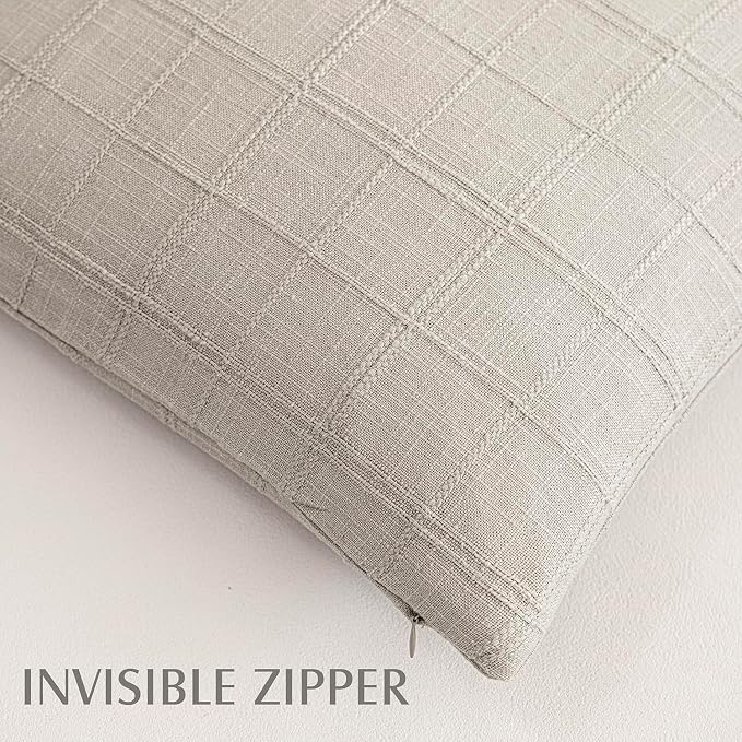 Foindtower Set of 2 Decorative Linen Check Throw Pillow Covers Neutral Farmhouse Vintage Cushion Covers Modern Coastal Boho Home Decor for Sofa Chair Couch Bedroom Living Room,24×24 Inch,Light Grey