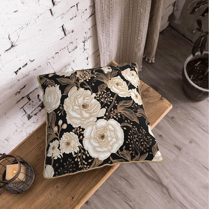 Vintage Peonies Roses Flower Velvet Pillow Covers 18x18 Inch Gold White Aesthetic Floral Leaves Throw Pillows For Couch Cushion Covers Pillowcase Farmhouse Pillow Cases for Sofa Bed Living Room