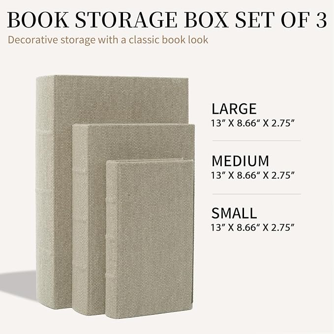 Decorative Book Boxes Set of 3,Modern Faux Linen Hidden Storage, Warm Taupe | For Coffee Table – Stackable Fake Books for Shelf Decor, Remote Control & Jewelry Organizer