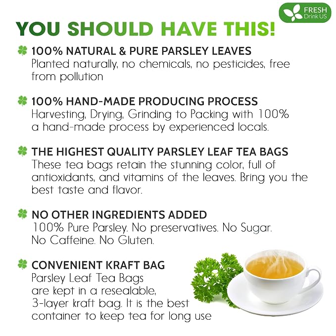 Premium 135 Parsley Leaf Tea Bags, 100% Natural & Pure from Parsley Leaves. Loose Leaf Parsley Herbal Tea. Parsley Leaf Tea. Made with Natural Material Tea Bags. No Sugar, No Caffeine, No Gluten, Vegan.