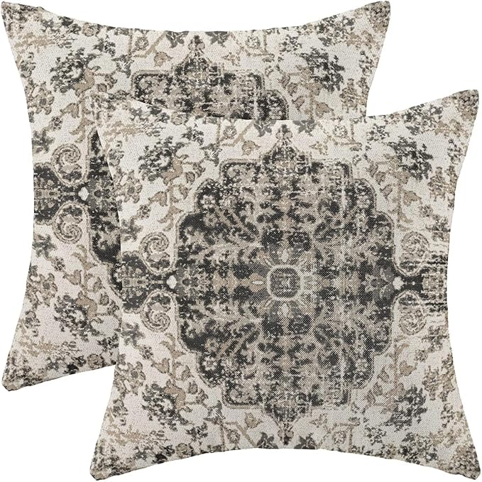 AEIOAE Boho Pillow Covers 22x22 Inch Set of 2,Carpet Pattern Throw Pillows Case,Black White Grey Ethnic Design Outdoor Decorative Square Linen Farmhouse Decor Cushion Covers for Home Sofa Bed Couch