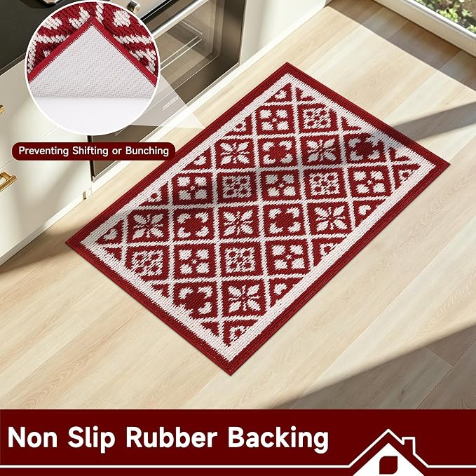 Ileading Christmas Entrance Door Mat, Absorbent Dog Mats for Muddy Paws, Low-Profile Small Red Xmas Decor Kitchen Runner Rug with Non-Slip Backing, Machine Washable Entryway Welcome Mat(Red 24"X36")