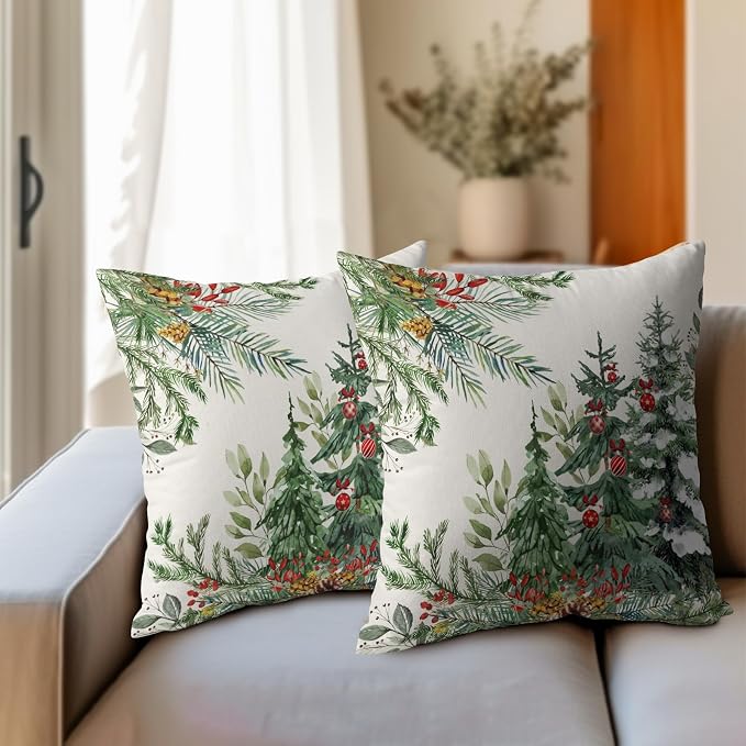 Kawani Christmas Trees Throw Pillow Covers 2pcs,22x22 Farmhouse Green Pine Tree Forest Snow Winter Holiday Cushion Case Decoration Linen Square Pillowcase for Bed Couch Indoor Home Decor