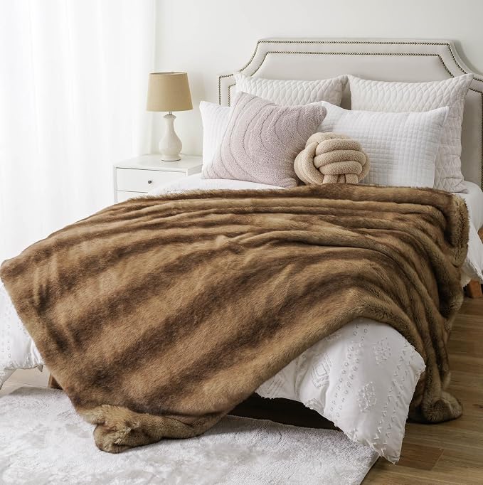 BATTILO Luxury Ochre Faux Fur Throw Blanket for Couch, Home Decor, 50"x60" | Soft Cozy Mink Plush Warm Elegant Fuzzy Furry Fluffy Faux Fur Blanket for Bed, Sofa, Living Room, Long Pile