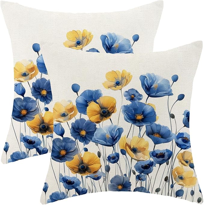 Spring Floral Pillow Covers 20x20 Set of 2 Blue Yellow Flower Decorative Throw Pillow Covers Summer Seasonal Pillowcase Farmhouse Decorative Cushion Cover for Couch Sofa Outdoor Decoration