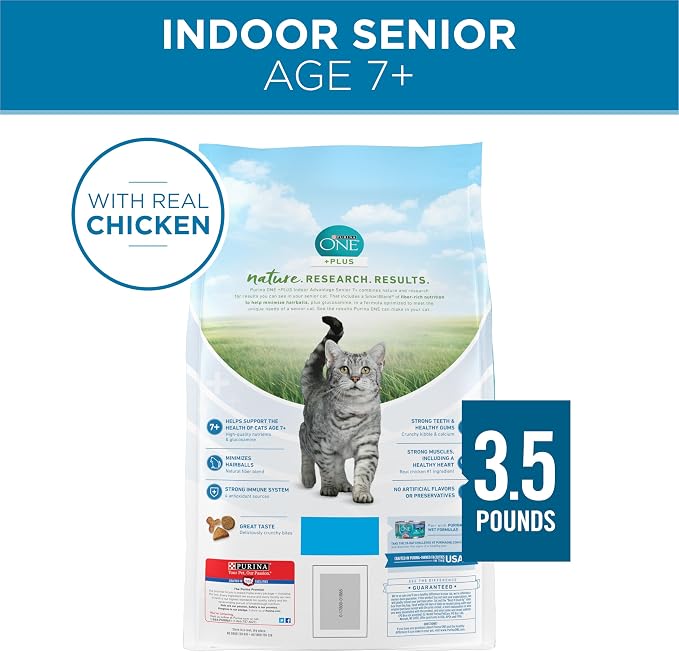Purina ONE Indoor Advantage Senior Dry Cat Food, High Protein, 3.5 lb Bag | Made with real chicken and a natural fiber blend that helps minimize hairballs and supports immune health for senior cats