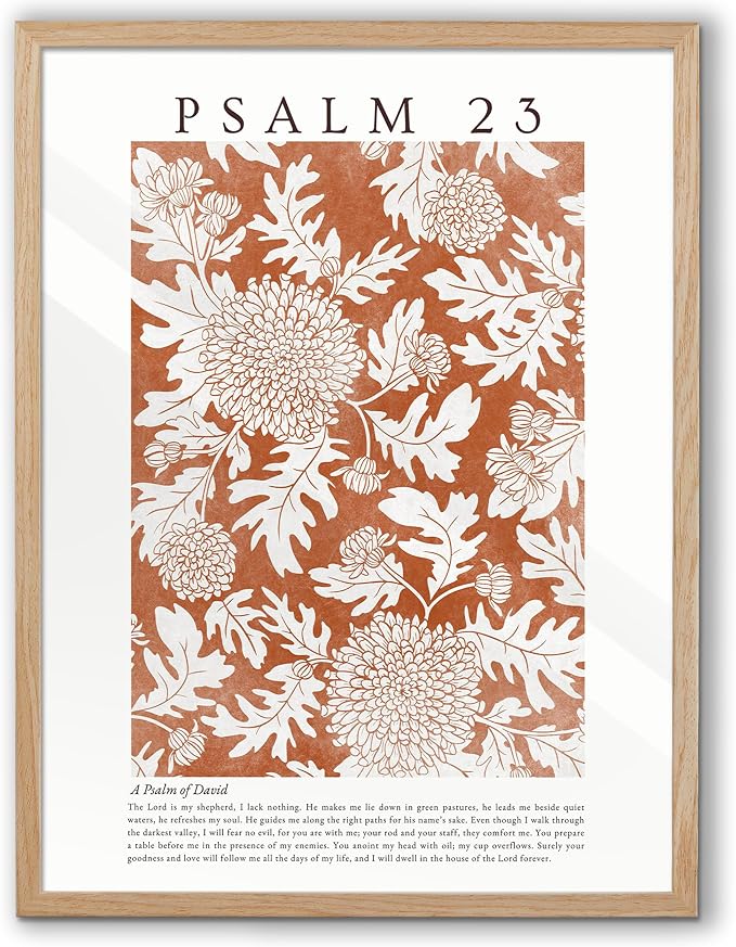 EcoHest 18x24 in Psalm 23 Orange Floral Botanical Framed Christian Wall Art | Solid Oak Wood Frame with Canvas Wall Art, Scripture Bible Verse Wall Decor for Bedroom, Living Room, Office, Church, 1Pack
