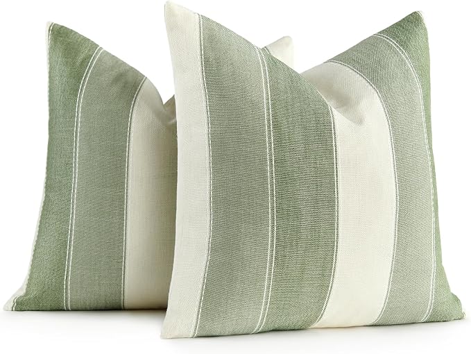 Pack of 2 Farmhouse Stripe Check Throw Pillow Covers Set Case Cotton Linen Decorative Pillowcases Cushion Cover for Couch Bench Sofa 16x16 Inch Sage Green