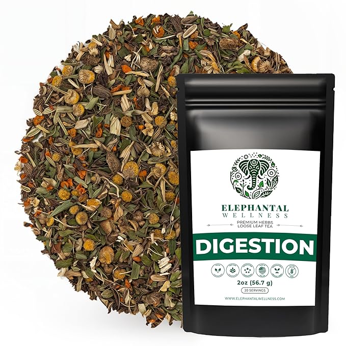 Elephantal Wellness Digestion Herbal Tea – Supports Healthy Digestion & Gut Comfort | Burdock Root, Ginger, Fennel, Peppermint, Turmeric & Chamomile | Caffeine-Free Loose Leaf Tea – 2oz, 20 Servings