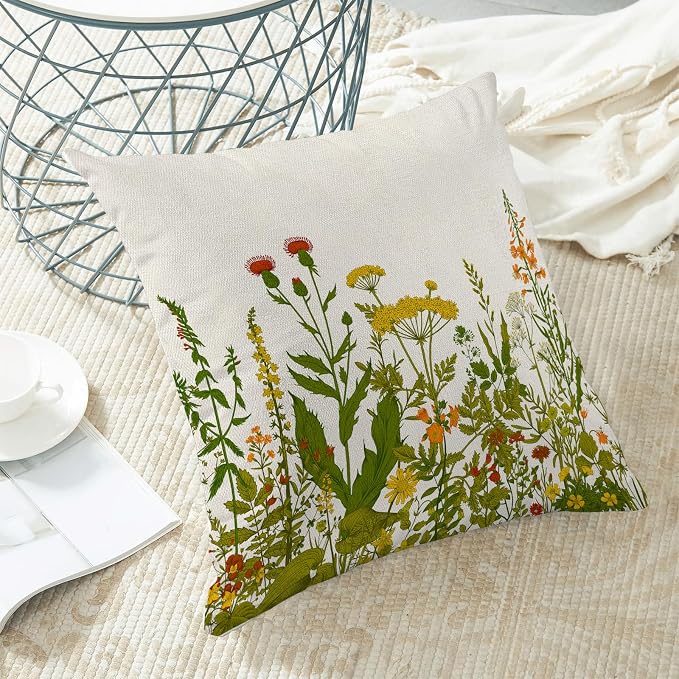 AEIOAE Yellow and Green Pillow Covers 20x20 Inch Set of 2, Spring Wildflower Plant Throw Pillows Case,Seasonal Floral Outdoor Decorative Flowers Farmhouse Decor Cushion Covers for Home Sofa Bed Couch