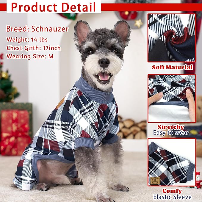 XPUDAC 2 Pack Plaid Dog Pajamas for Small Sized Dog, 4-Way Stretch Soft Pet Onesie Lightweight Warm Pet Clothes Jammies for Small Breeds, L