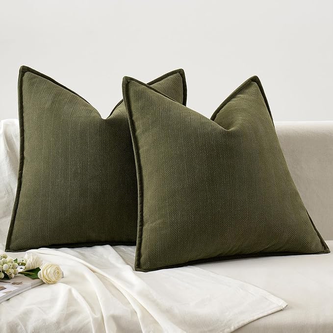 MIULEE Pack of 2 Olive Green Euro Shams Chenille Pillow Covers 24x24 Inch | Decorative Soft Couch Throw Pillows,Farmhouse Cushion Covers,Elegant Design for Sofa,Bed,Living Room,Summer Decor